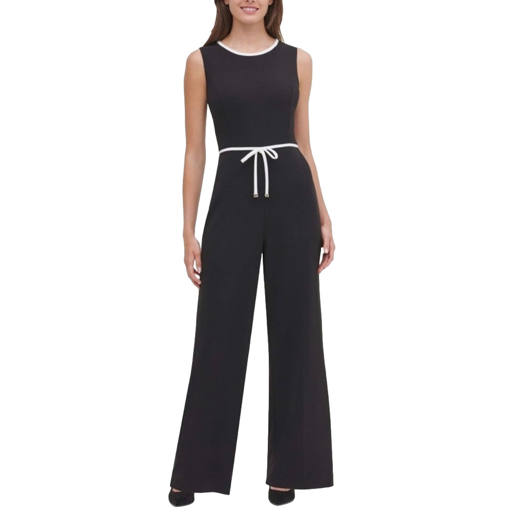 TOMMY HILFIGER women’s black jumpsuit white piping tank style tie in front